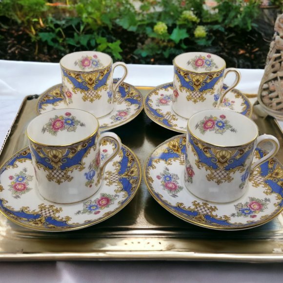 Shelley Bone China Espresso Cup & Saucer Flat Demi Set Sheraton Blue England - Picture 7 of 16